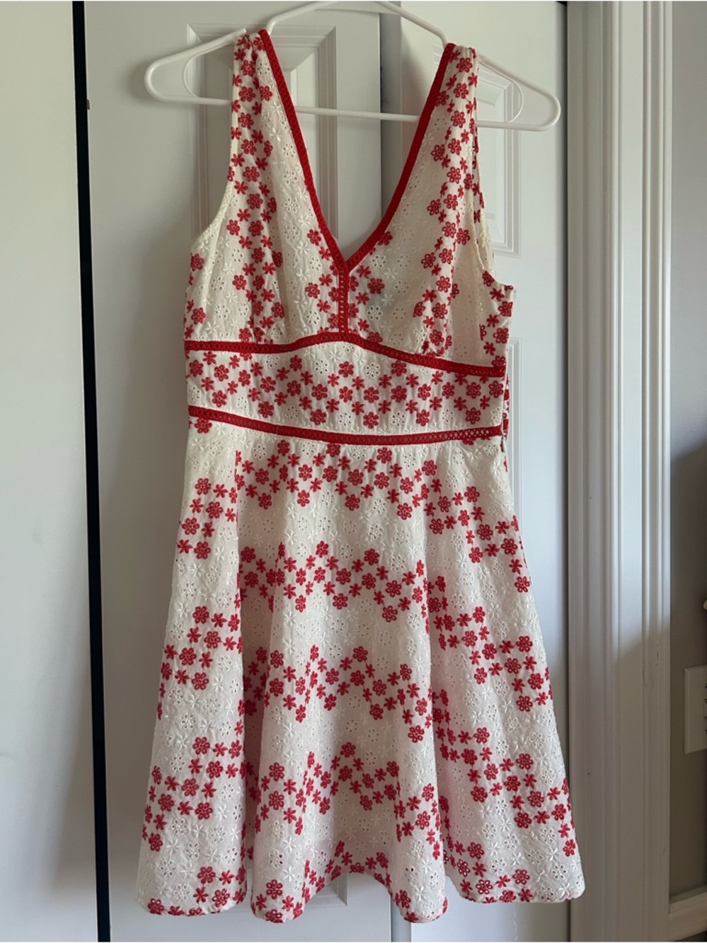 Francesca's Blue Rain White Eyelet Mini Dress with Red Floral Embroidery